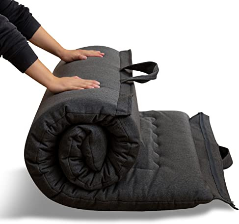 MAXYOYO Bärbar hopfällbar futon, hypoallergent tyg och madrass i skum med hög densitet med handtag och dragkedja för inomhus och utomhus, camping, mörkgrå, 71 x 190 cm