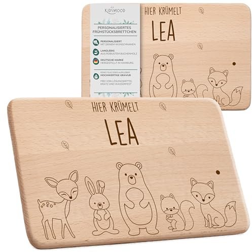KIDSMOOD - Schneidebrett Holz, Frühstücksbrettchen mit Name | Brettchen mit Gravur als Geschenkidee für Kinder, Baby, Männer & Frauen, Holzbrett Küche für Brotzeit - Niedliche Tiermotive