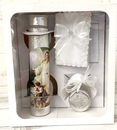 Beautiful Handmade 5pc. Silver Foil Angel and Kids Baptism Christening Shells Candle Set Favors Girl Boy White Set de Bautizo Espanol Nina Nino Baptism Communion Lace Gift Box
