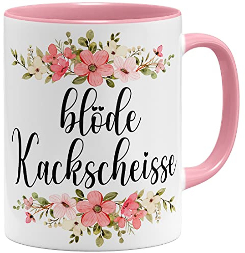 OM3® witzige Kaffee-Tasse mit Spruch & kitschigem Blumenmotiv - Blöde Kackscheisse - Blumig Kitschig - Keramik Becher - 325ml - Beidseitig Bedruckt - Rosa