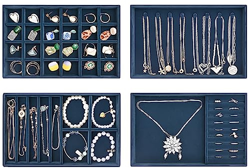 ProCase 4 Plateaux Bijoux, Rangement Bijoux Tiroir, Présentoir Separateur Bijoux, sans Perdre ou Abîmer, avec 8 Crochets et 35 Compartiments Ensemble- Bleu foncé