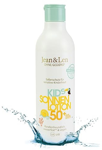 Jean & Len Sensitiv sollotion för barn SPF 50+, vegan, 250 ml | Omedelbart skydd för känslig barnhud från 6 månader, korallvänlig, utan Octocrylen