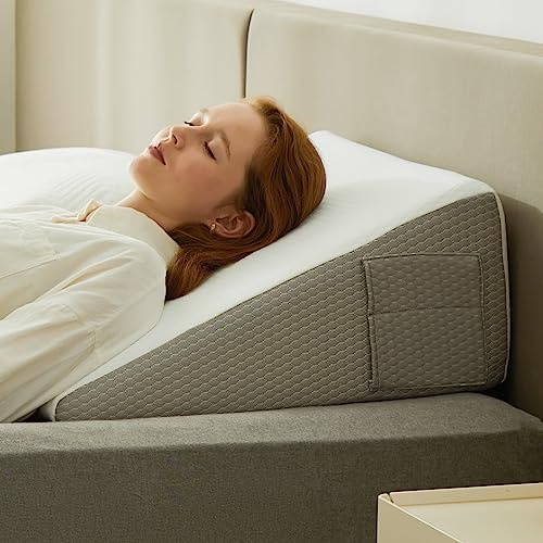 Bedluxe Wedge Pillow, 12 inch Bed Wedge Pillow for Headboard, Pillow Wedge for Acid Reflux Relief, Sleeping, After Surgery, Snoring, Gerd, Triangle Pillow Wedge - Cooling Memory Foam Top, White/Grey