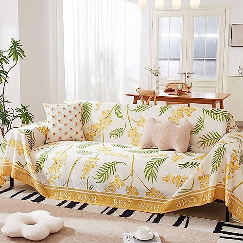 Homxi Sofaüberwurf 3 Sitzer,180x360CM,Couch Überzug Universal Blatt Druck Sofa Überwurf Eisseide Sofa-Handtuch Gelb Grün Sofabezug Universal
