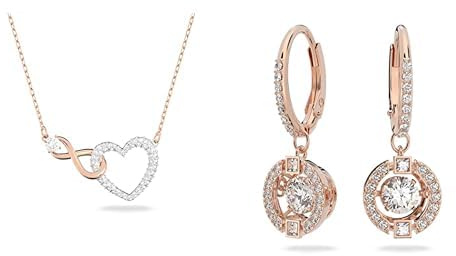 Swarovski Infinity Halskette, Unendlichzeichen und Herz, Weiss, Metallmix & Sparkling Dance Ohrringe, Rund, Weiss, Roségold-Legierungsschicht