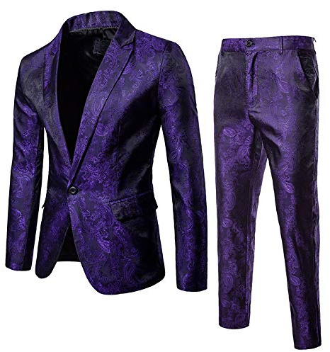 CAMDOM Costumes pour homme - Ensemble disco 2 pièces - Manteau et pantalon vintage - Costume tendance pour mariage, violet, L