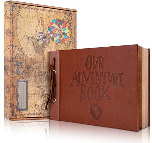 Unser Abenteuerbuch Fotoalbum Zum Selbstgestalten Scrapbooking album, 12 * 7.6Inch 80 Seiten 3D geprägte Wörter Leder Cover Reise Scrapbook für Jubiläum, Hochzeit, Weihnachten, Muttertagsgeschenk etc