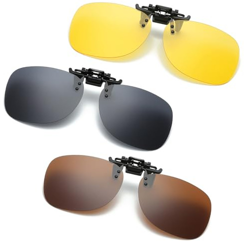 Clip-on solglasögon för män kvinnor, polariserade anti-bländning lins flip-up solglasögon, UV-skydd för nattkörning, utomhussport, resor, Svart+brun+gul