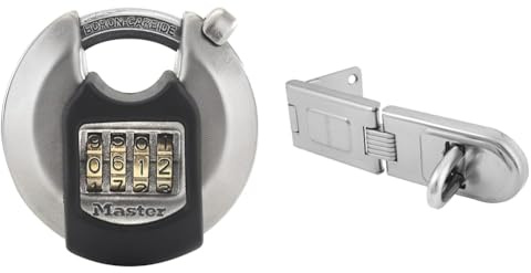 MASTER LOCK Cadenas à disque robuste [combinaison] [acier inoxydable] [extérieur] M40EURDNUM & 720EURD Moraillon Renforcé avec Charnière pour Verrouillage de Porte Extérieure