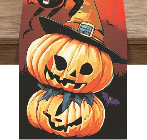 Camino de Mesa Halloween con Estampado de Calabaza Gato Bruja Murciélago, Lavables Corredor Mesa Lino, Adornos Halloween Largo para Fiestas Mesa de Cocina Hogar Interior Exterior Decor, 180 x 35cm