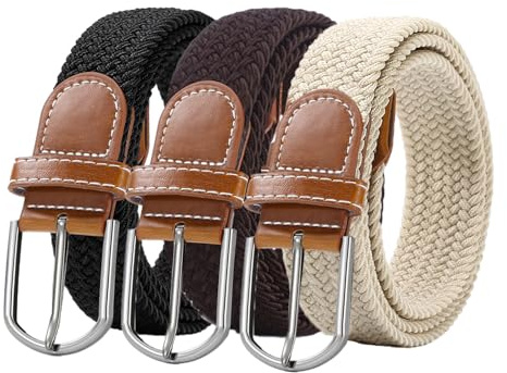 RichLuck Cinture da uomo, confezione da 3, cintura elastica intrecciata per uomo,, Black, Brown, Whit