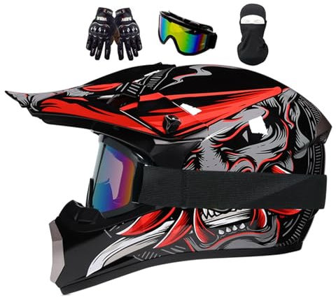 Motocross Helm Kinder, Jugend Motorradhelme, Motorradhelm Downhill Fullface Helm, Moto Cross Helm Herren, Mit Brille Handschuhe, Integralhelm Crosshelm Helm Motorrad MTB Enduro Quad Helm(M(54-55CM))