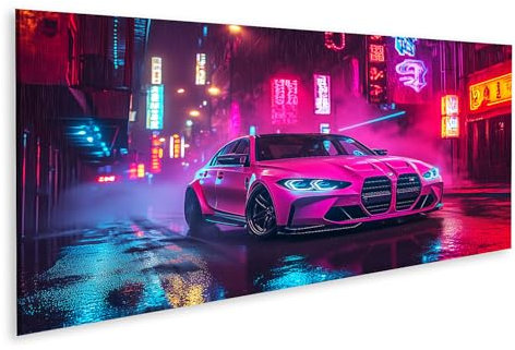 islandburner Bild auf Leinwand Neon beleuchtetes Auto in nächtlicher Stadt Bilder Wandbilder Poster