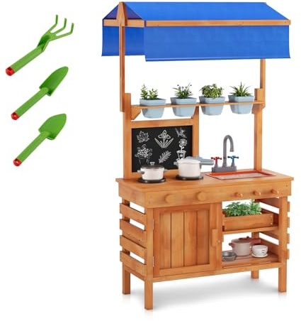 HOMASIS Matschküche Kinder Outdoor, Gartenspielküche Holz mit 7 Zubehör, Kinderküche mit abnehmbarem Waschbecken Herd Tafel 4 Blumentöpfen, Outdoorküche Gartenküche für Kinder ab 3 Jahren, Natur