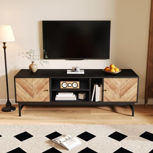 Meuble TV De 150 cm, Conception Contrastée en Bois Noir avec De Multiples Espaces De Rangement Y Compris des Armoires à Compartiments Horizontaux et Verticaux Moderne et Minimaliste (Noir + Bois)
