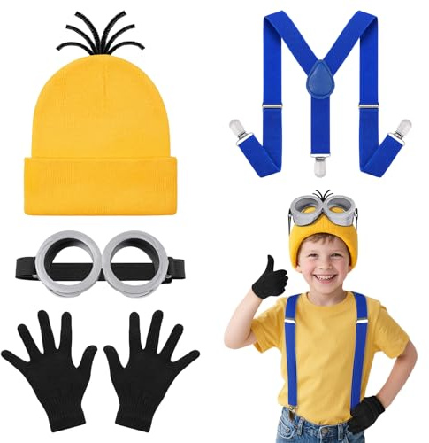 DiULi Accesorio de Disfraz, 4 Piezas Accesorios Amarillo de Cosplay para Niños, Kit de Decoración con Animados Gafas, Sombrero, Guantes y Tirantes Azules, para Fiestas, Halloween, Carnaval (Dos Ojos)