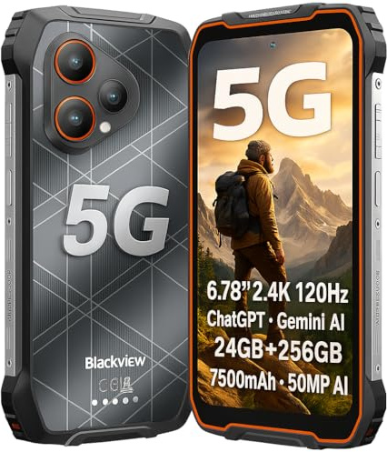 Blackview 5G AI Smartphone Incassable BL7000, Dimensity 6030 24Go+256Go, Caméra AI 50MP, 6,78'' 2.4K 120Hz Écran, Batterie 7500mAh, Téléphone Robuste IP68/IP69K, Triple Fente Carte, NFC GPS Orange