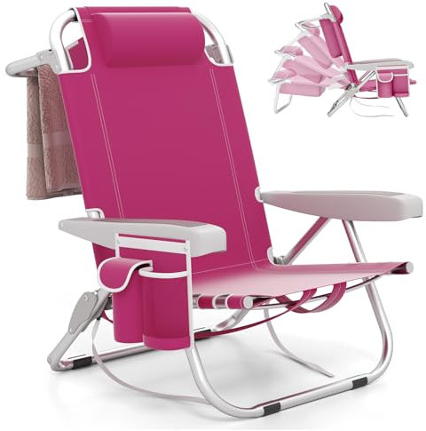 COSTWAY Chaise Longue, Chaise de Plage Pliable, 5 Positions Réglable, Porte-Gobelet, Porte-Serviette, Poches, Appui-tête, Sangles, Fauteuil pour Plage Piscine Jardin, Charge 150 kg (Rose,1 pièce)