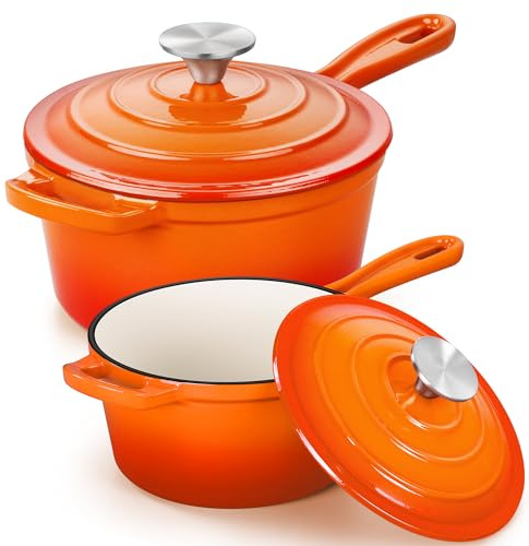 E-far Sauce Pan Set with Lid, 1Qt & 2Qt Enameled Cast Iron Pot Sets for Kitchen Cooking, Small Heavy Duty Dutch Oven Saucepans & Self-basting Lids, Induction-Ready & Easy Clean, Orange