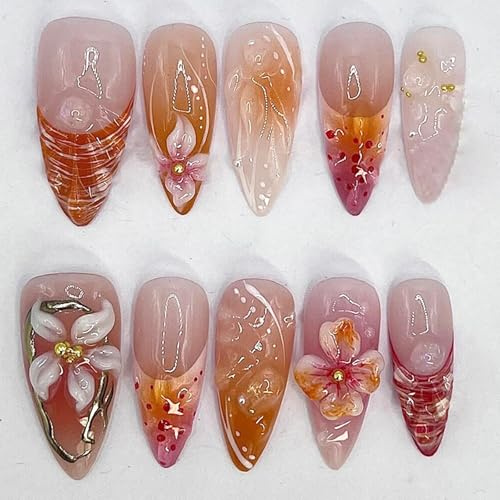 30Pcs Flower Press on Nails Medium Almond, Handmade French Tip Fake Nails, 3D Gold Beads Glitter Design False Nail in 12 Sizes, Spring Summer Floral Full Cover Stick on Nails for Women Daily Wear