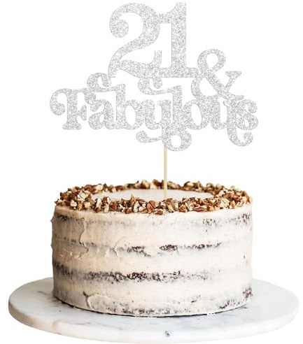 Ephlyn 1Pc 21 & Fabulous Cake Topper Glitter Twenty One and Fabulous Cake Toppers Happy 21st Birthday Cake Pick for 21st Wedding Anniversary Birthday Party Decorations Supplies Silver