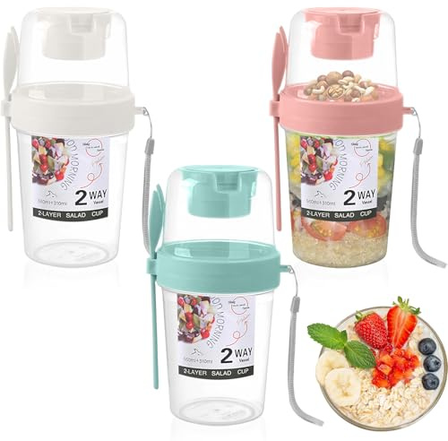 3Pcs Tazas Avena Nocturna con Tapa y Cuchara, Vasos Cereales La Noche Portátiles 2 Capas, Recipiente Leche Vaso Yogur Contenedor Ensalada Frutas para Fitness Desayuno Viajes Almacenamiento Alimentos