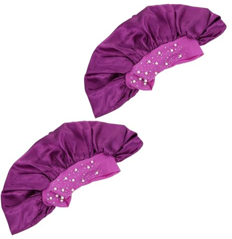 TOYZFRIENDY 2pcs Imitation Silk Sleep Cap Polyester Bath Caps Bath Hats for Lady for Hair Oil Treatment Comfortable for Night Use Comes in Purple Large Elasticated Border