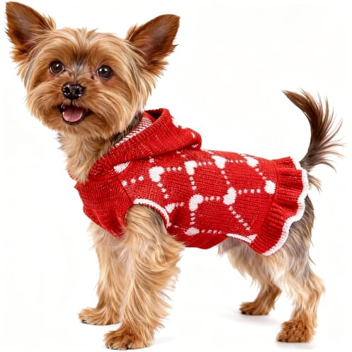 Hundepulloverkleid Herz Hundepulli Valentinstag Pullover Hund Katzenpullover Rot Gestricktes Hunde Pullover Warme Hundekleidung für Kleine und Mittelgroße Hunde XS