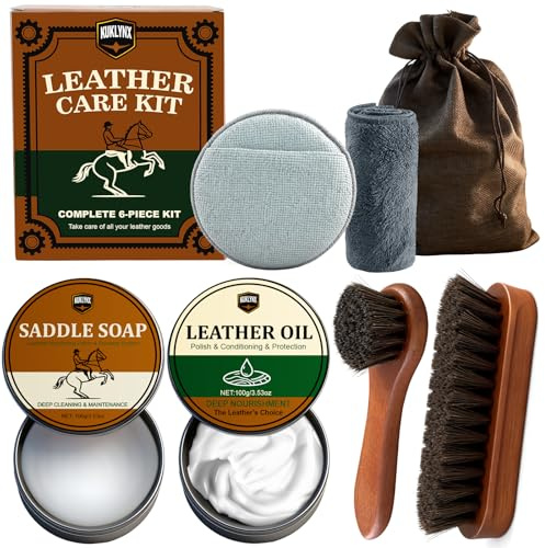 KukLynx Leather Care Kit - Leather Polish, Cleaning & Conditioning Kit with 100g Saddle Soap & 100g Leather Oil, 2 Horsehair Brushes, Cloth, Sponge - Leather Boot Care Kit Gift for Men & Women