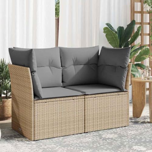 QUAHEAS Gartensofa mit Kissen 2-Sitzer Beige Poly Rattan, wetterfestes Outdoor Sofa mit Stauraum, modulares Design für Terrasse & Balkon, inklusive wasserdichtem Beutel