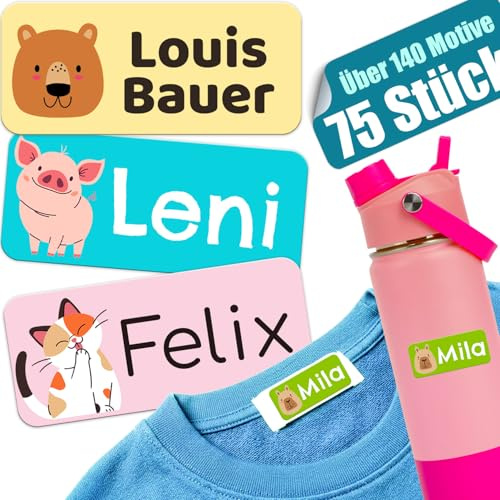 Namensaufkleber Kinder (75 Stück) – Namensaufkleber Schule – Kein Suchen mehr – Waschmaschinenfest & Spülmaschinenfest – Namensetiketten Kleidung & Schuhe – Einschulung & Kita Tiere 75 Stück