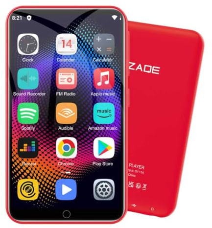 Lecteur MP3 de 80 Go avec Spotify, Wi-FI et Bluetooth, écran Tactile ZAQE de 4 Pouces, Lecteur MP4 sous Android 13, Compatible Audible, Radio FM, Amazon Music, Deezer, Play Store (Rouge)