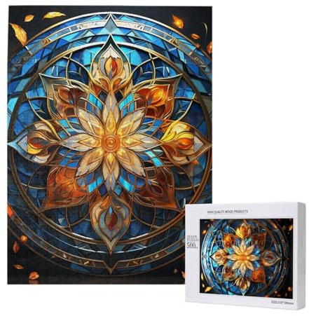 Mandala Abstrakte heilige Geometrie, bunt, personalisierbar, 500-teiliges Holzpuzzle für Erwachsene, individuelles Portraitbild