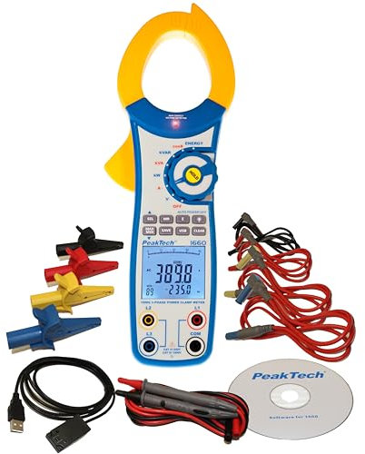 PeakTech P 1660 3-Phasen Stromzange / Digital-Leistungsstromzange 1000 A mit USB max. 750 kW / Energiemessgerät / Leistungsfaktor / Motortester ,, Blau