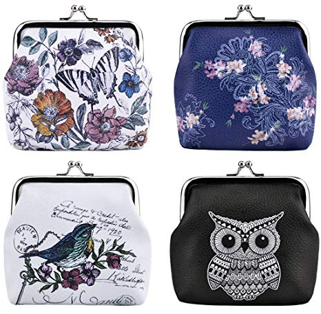 Oyachic 4Pièces Porte Monnaie Cuir Coin Purse Femme Portefeuille Fermoir Clic Clac Retro Bourse Maquillage avec Fleur Hibou Bird Papillon Pochette