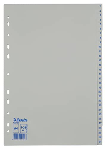 Leitz Esselte Register für A4, 31 Trennblätter, Taben mit Zahlenaufdruck 1-31, Blau/weiß, Robuster Kunststoff, 100156
