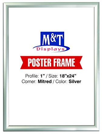 M&T Displays Silver 18x24 Poster Frame 1 inch Aluminum Profile Front Loading Wall Mounting Snap Frame Display for Picture, Document or Certificate with Mitred Corner