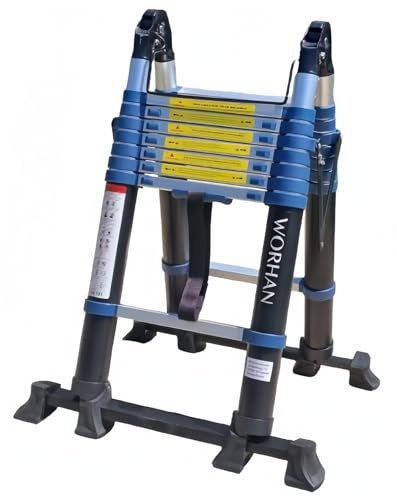 WORHAN Echelle de 5m Télescopique Aluminium Anodisé avec 2 Stabilisateurs Télescopiques Modulable Pliable Polyvalente Escabeau Solide 500cm (5m A-Line) K5A