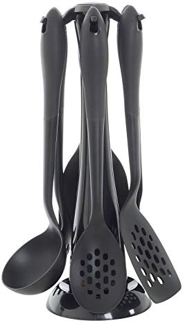 XSS 6-Piece Black Kitchen Utensils Set - Plastic Free, Nylon, Triangular, Rectangular, Serving, Dishwasher Safe