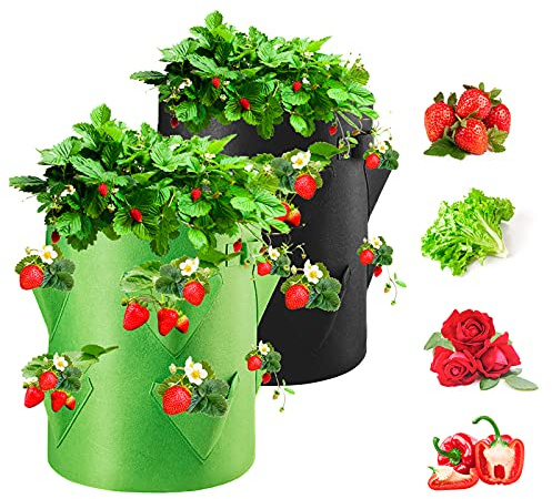 Homealexa 2 Pz Sacchi per Piantare Fragole, Sacco Piante da 40L/10 Galloni con Manico e Tasche Laterali, per Coltivazione Piantare Verdure Fiori Fragole a Casa Giardino Balcone