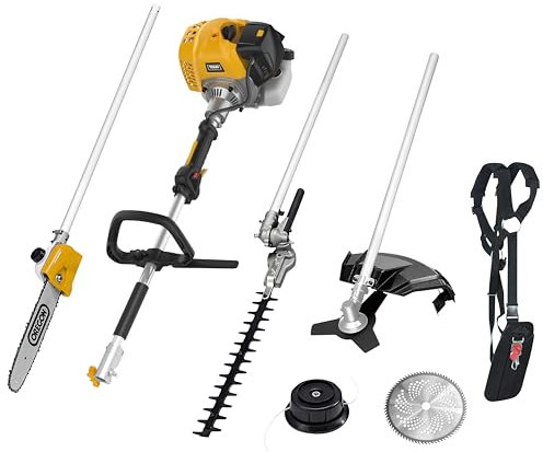 TEXAS Benzin Motorsense BCU52M 5in1 Profi Set Rasentrimmer Freischneider Hochentaster Hochheckenschere Kettensäge | 52cm² | 1,7PS | 2-Takt | Profi-Tragegurt | 3-Zahnmesser | 80-Zahnmesser | Fadenspule