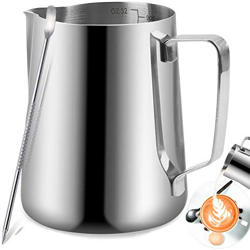Bricco per Latte in Acciaio Inox, TechKen Brocca in Schiuma 350ml/600ml/900ml(12oz/20oz/32oz), per cappuccino barista espresso making (Argento 900ML/32OZ)