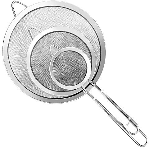 3Pcs Super Wire Extra Fine Mesh Strainer with Handle, Small Medium Large Size Sifter Metal Strainer Set, Stainless Steel Sieve Fine Mesh Strainers for Kitchen Rice Juice Quinoa Food Flour Baking YLYL