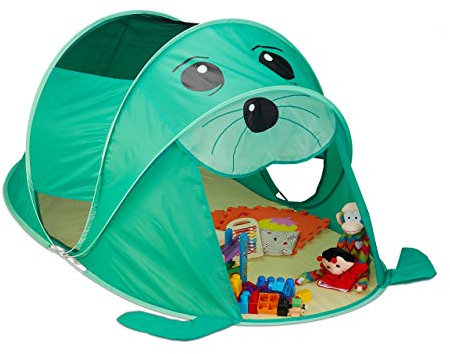 Relaxdays 10033026 Spielzelt Robbe, Pop Up Zelt Kinder, Jungen & Mädchen, Kinderzelt drinnen & draußen, 86x100x182cm, grün/gelb
