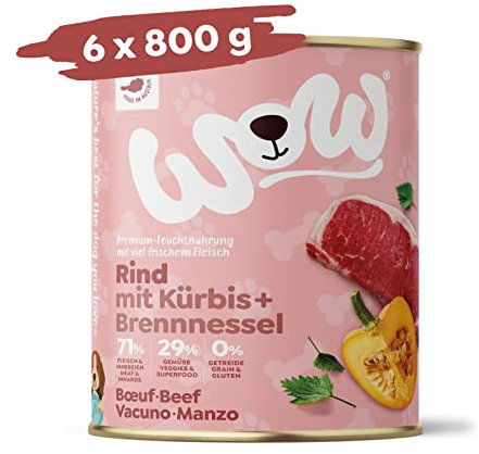 WOW Hundefutter nass Junior mit Rind, 6x800g | reichhaltiges Nassfutter für Welpen Aller Rassen I Beste Qualität mit viel frischem Fleisch, Kürbis I hohe Akzeptanz & getreidefrei
