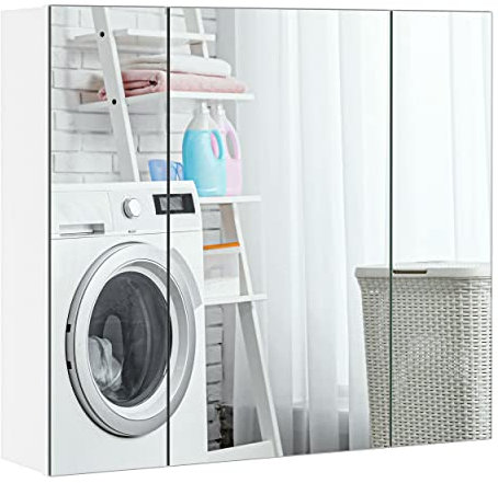 Yaheetech Spiegelschrank Badezimmerschrank mit 3 Spielgeltüren Aufbewahrungsschrank Wandschrank Medizinschrank Hängeschrank für Badezimmer 70,5 × 15 × 60,5 cm Weiß