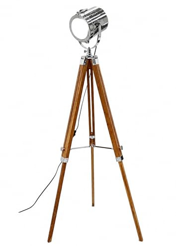 Nautical Replica Hub Lampadaire trépied industriel avec trépied en bois de teck pour salon, chambre à coucher, décoration projecteur