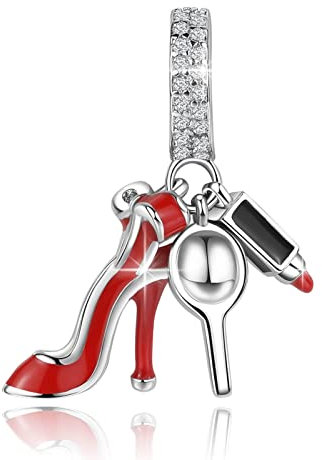 BIZK Charms Argent Sterling 925 Femmes Bijoux Pendentifs Compatible pour Bracelets Collier pour Les Mères, Les Amis, Les Amoureux (Chaussures à Talons Hauts Miroir et Rouge à Lèvres)