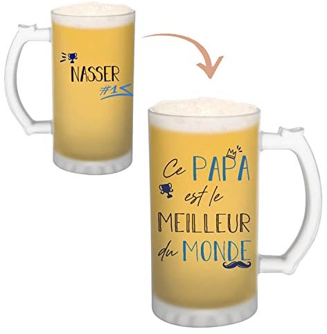 Planetee Chope de bière Nasser Meilleur Papa du Monde - cadeau idée anniversaire Fête des Pères Humour - Verre givré 470 ml avec poignée Alcool Pinte