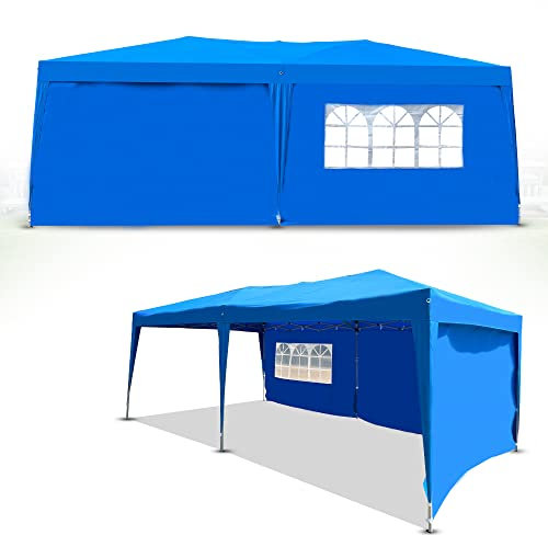 Defacto Pavillon 3x6m Stabil Gartenpavillon Faltpavillon - Polyester UV-Schutz 100% Wasserdicht mit 3 Seitenteilen, Partyzelt pop up Zelt Garten Faltbar, Tragetasche mit Seile und Heringe (BLAU)